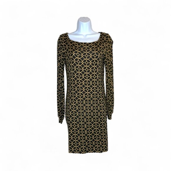 TART Brown & Gold Geometric Print Long Sleeve Dress – Size S - Picture 3 of 8